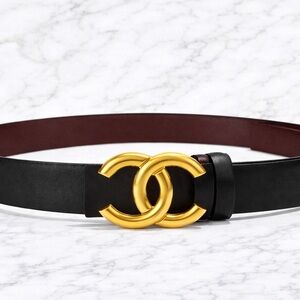 CHANEL Black Belt with Gold Buckle